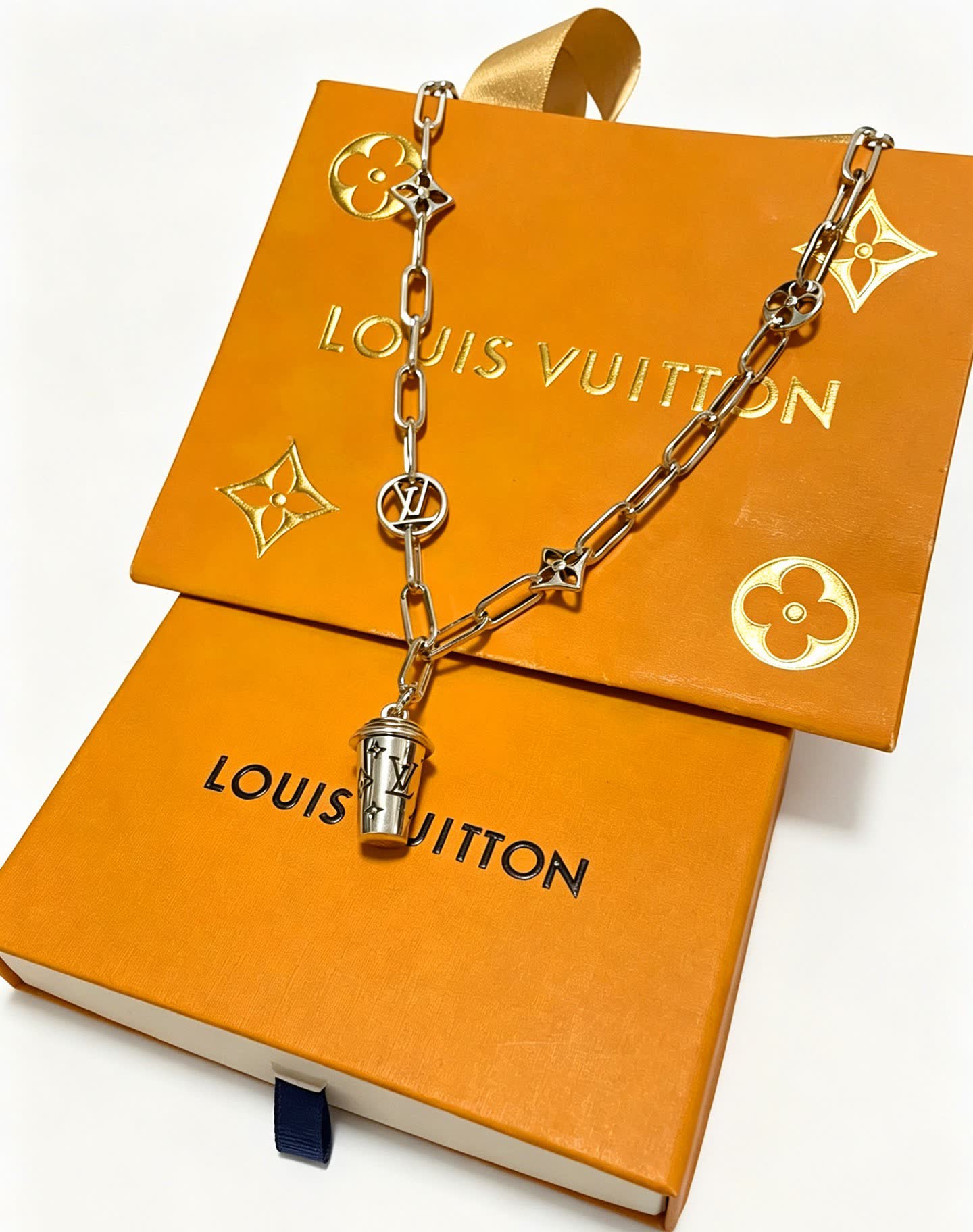 Louis Vuitton Silver Chain Necklace with Logo Charms